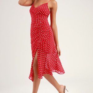 Lulu's- Blossom Red and White Floral Embroidered Midi Dress - Size M (6)